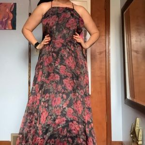 Dreamy elegance black floral print organza backless maxi dress
